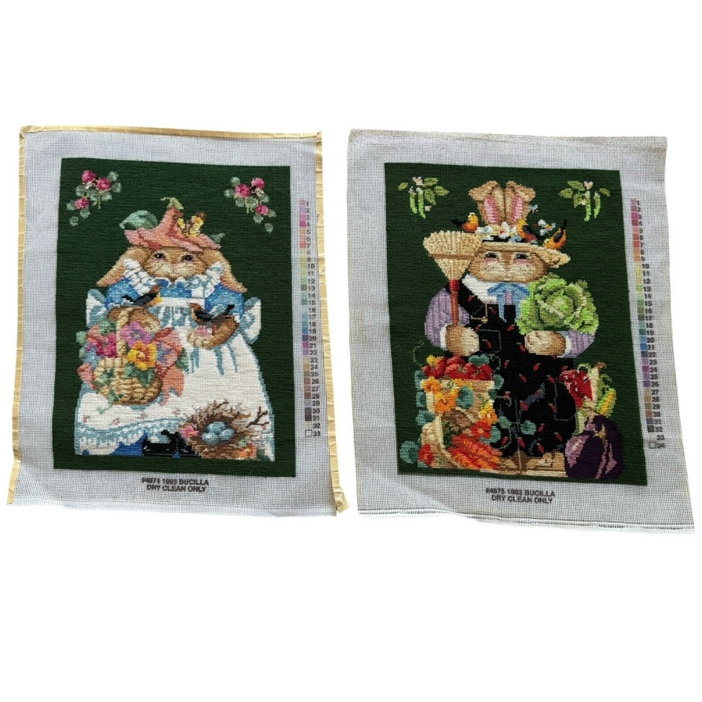 Vintage BUCILLA Needlepoint BLOSSOM & FARMER Bunny Rabbit Framed Wall Art 1993